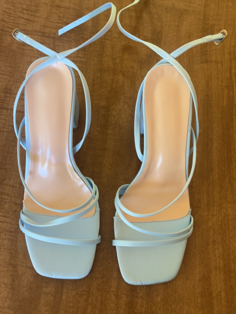 Strappy Square-Toe Ankle Tie Heels in Light Blue - Women